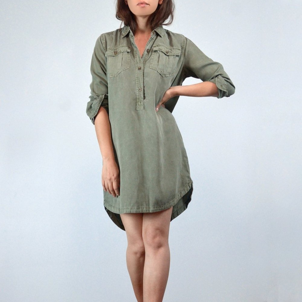 Oversized Long Sleeve Shirt Dress, Distressed Olive Green, Abercrombie & Fitch
